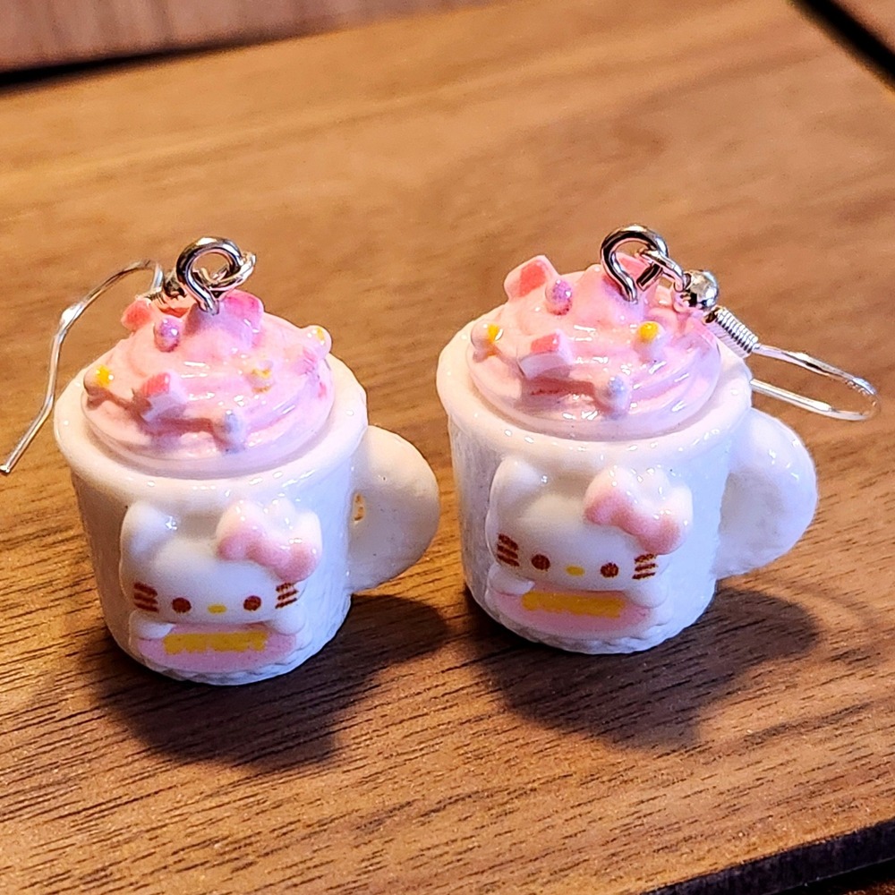 White Kitty Miniature Mug Resin Drop Earrings Pink Whipped Cream Jewelry